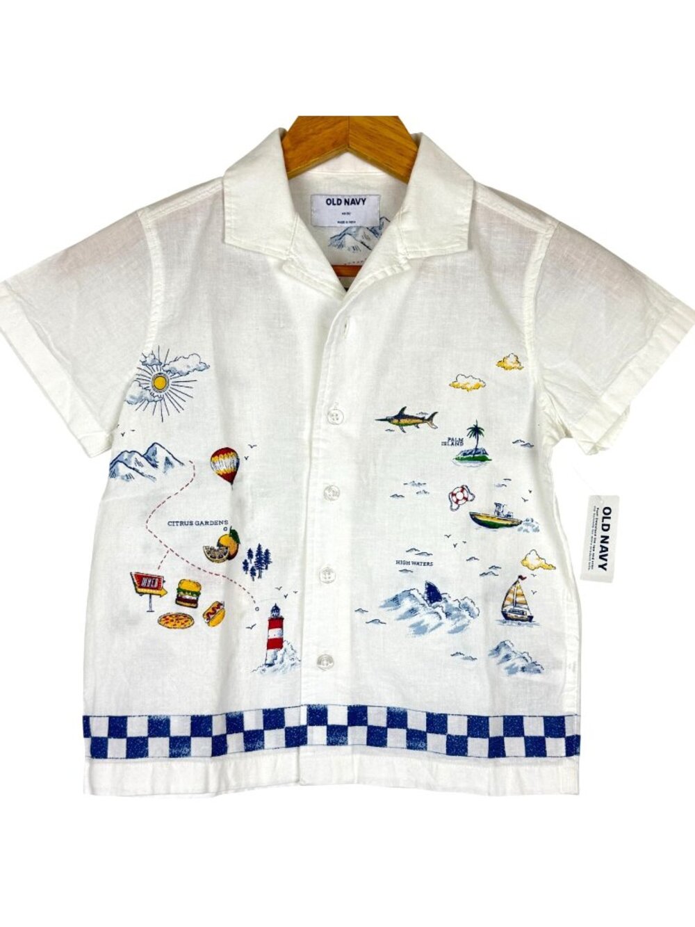 Old Navy Camp Shirt Boys XS 5 Linen Blend SS Adventure Map All Over Print NWT